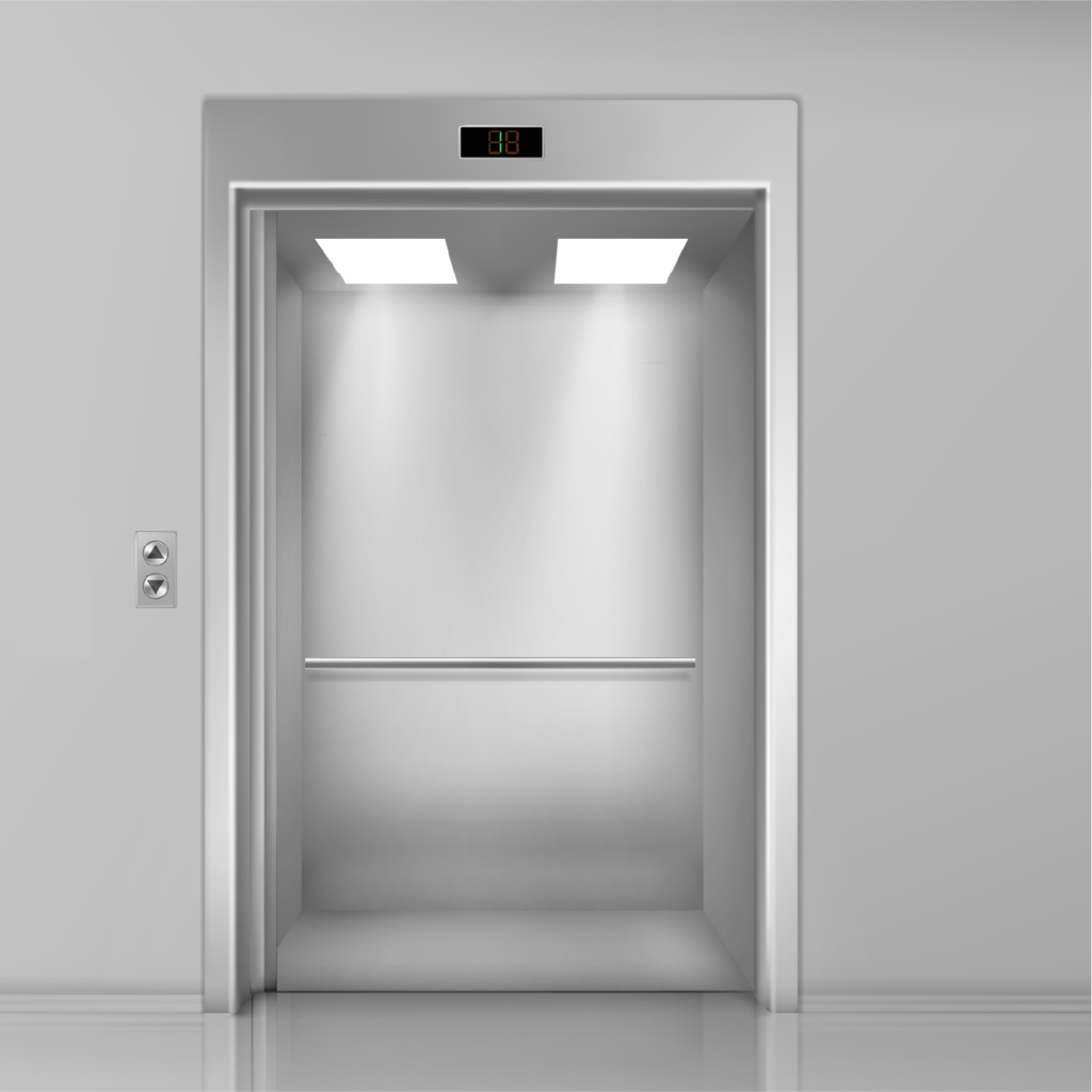 Elevador con cabina completa, estructura desde el piso y acabados interiores personalizables.